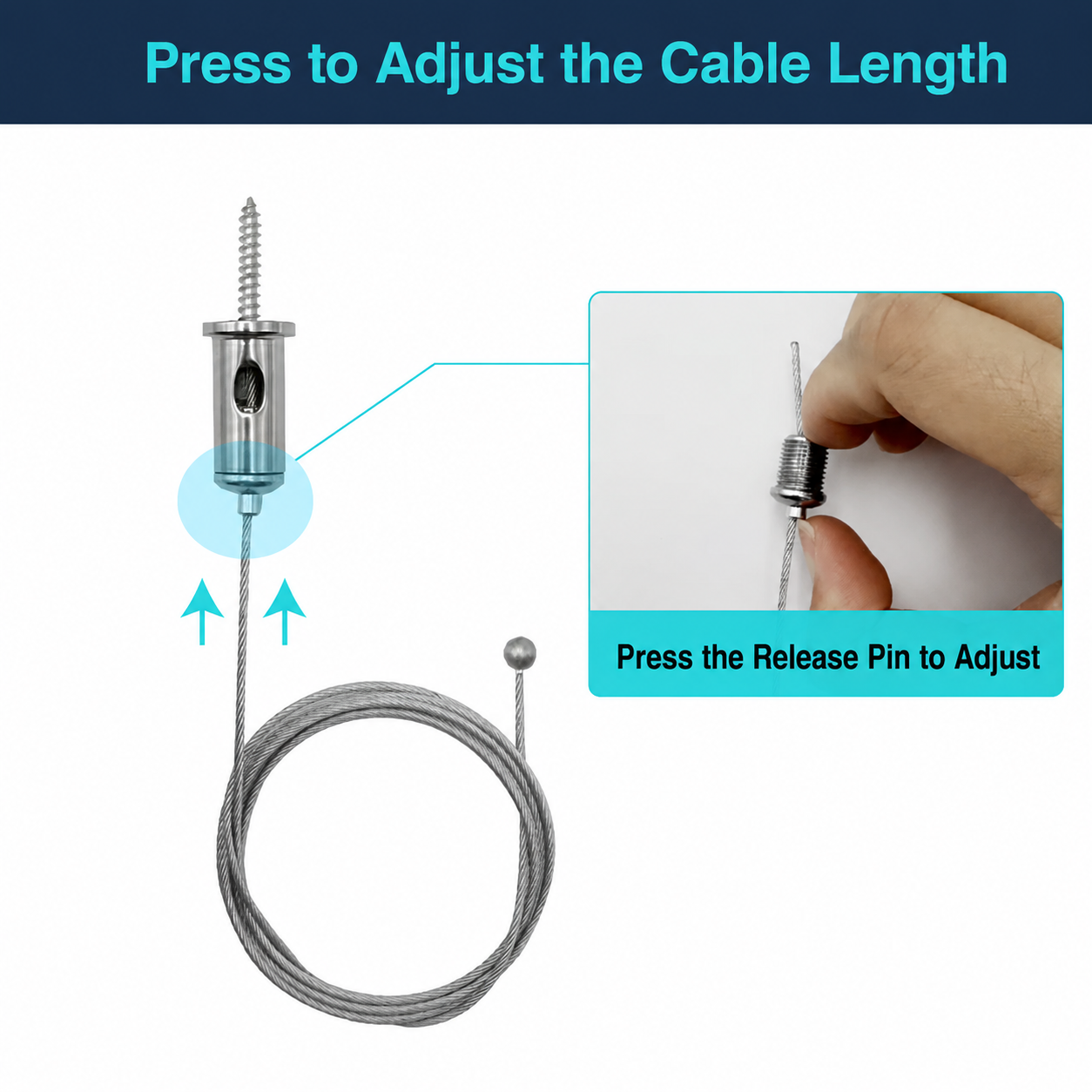 Press-release adjuster on stainless steel LED light suspension cable