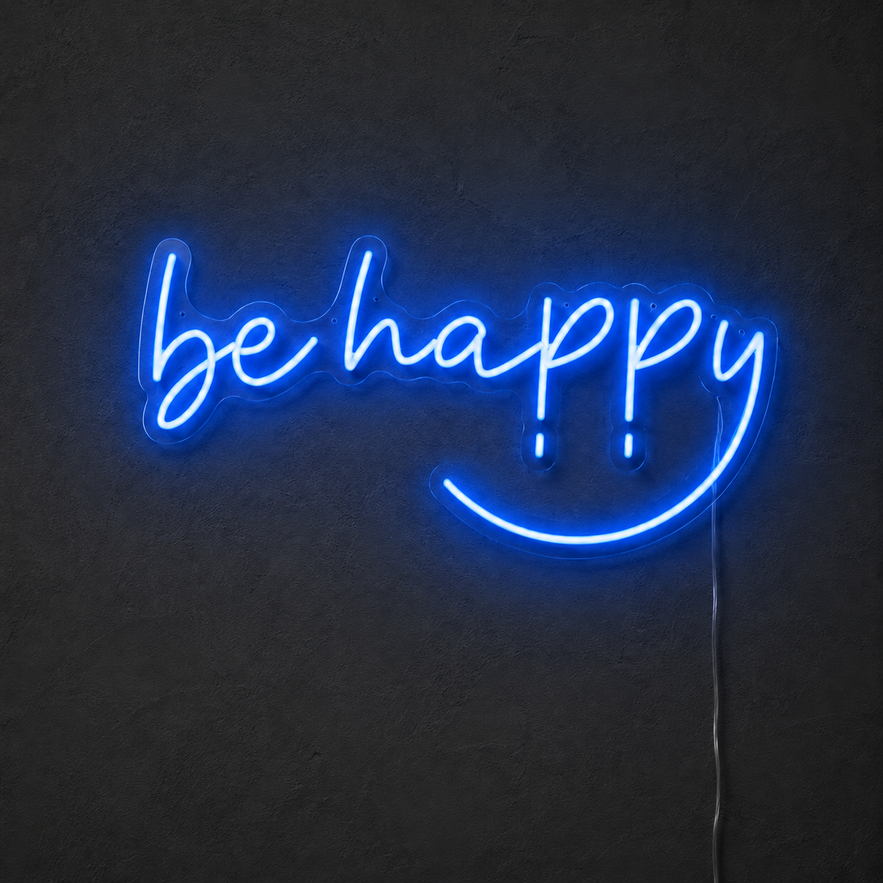 Blue Be Happy LED neon sign on a dark charcoal wall