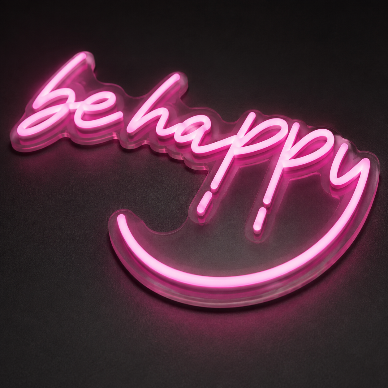 Close-up of pink Be Happy LED neon tubing and clear backing