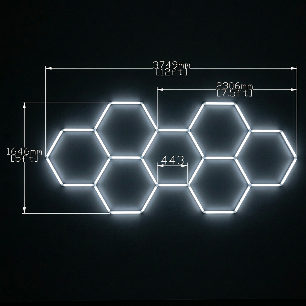 Neon hexagonal light fixture on a dark background