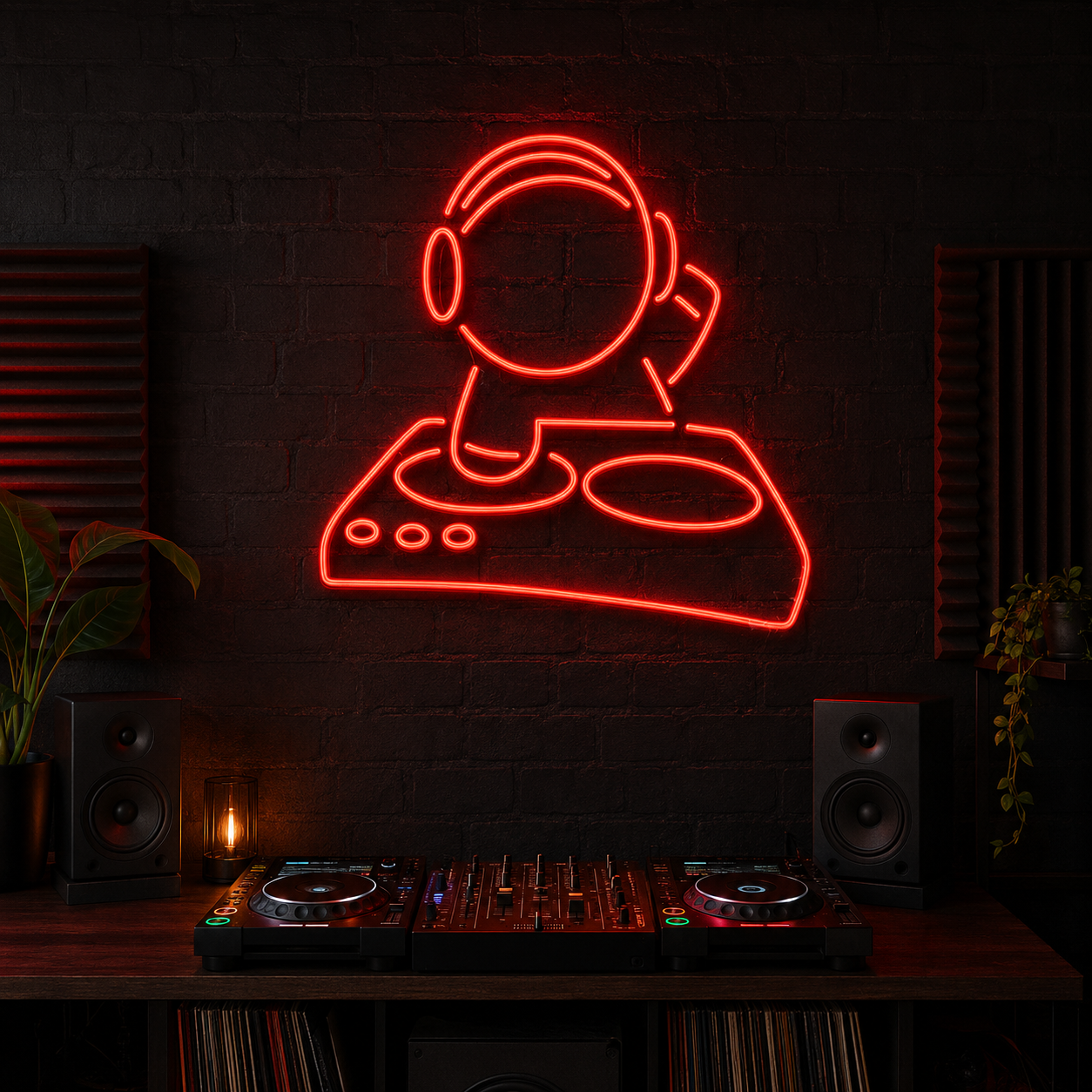 Red DJ music player glass neon sign installed above a home DJ booth