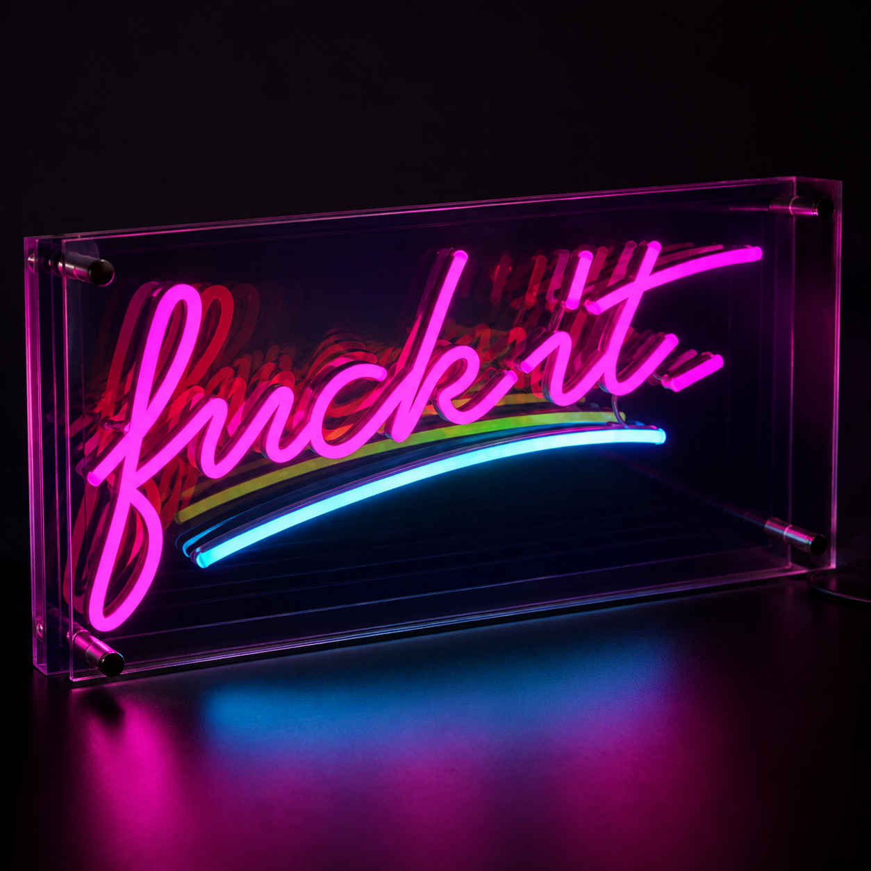 Close-up detail of pink and blue Fuck It infinity mirror LED neon sign