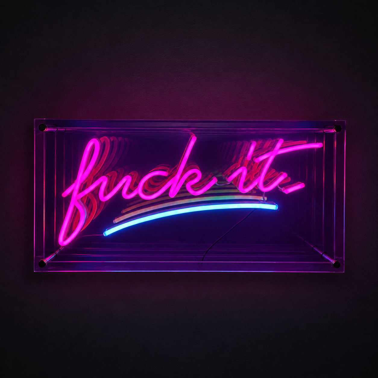 Fuck It infinity mirror LED neon sign glowing pink and blue on a charcoal wall
