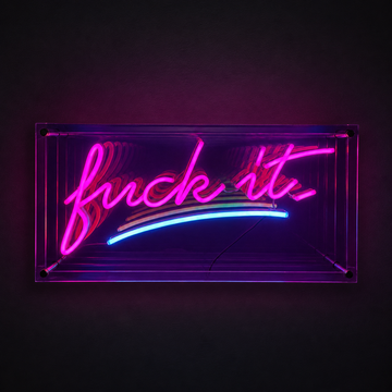 Fuck It infinity mirror LED neon sign glowing pink and blue on a charcoal wall