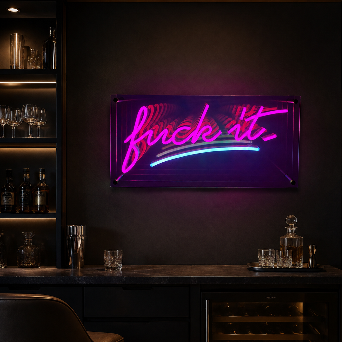 Fuck It infinity mirror LED neon sign glowing pink and blue on a charcoal wall