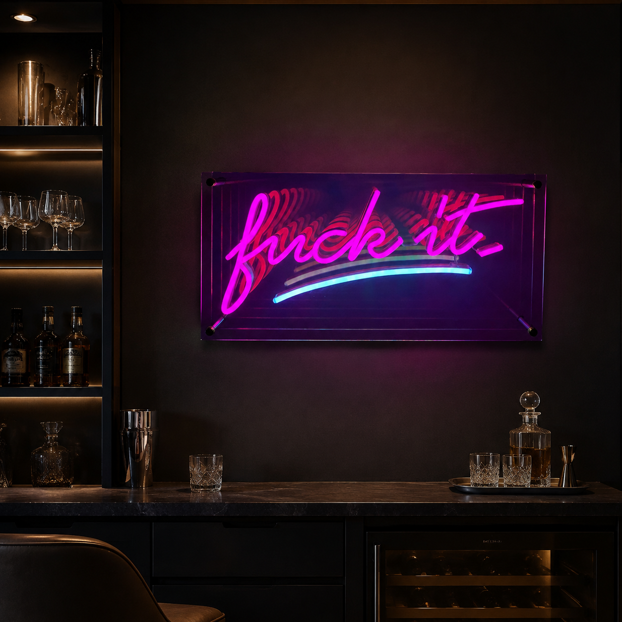 Fuck It infinity mirror LED neon sign installed in a modern home bar