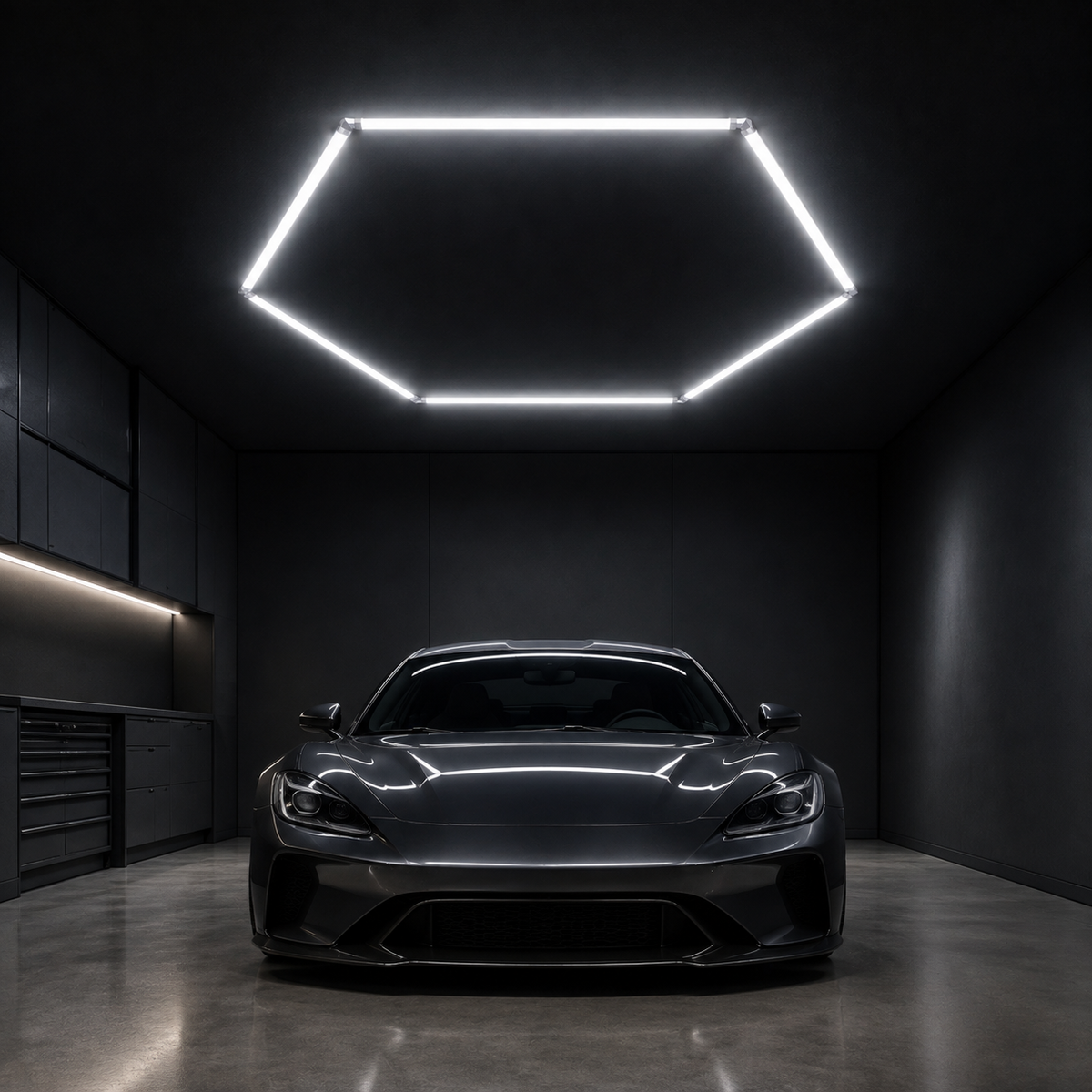 X-Large single hexagon LED light installed above a detailing bay