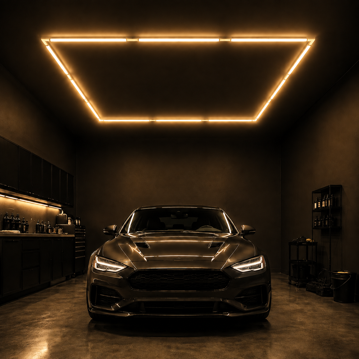 12-foot square LED light grid with translucent connectors above a detailing bay, 3000K warm white