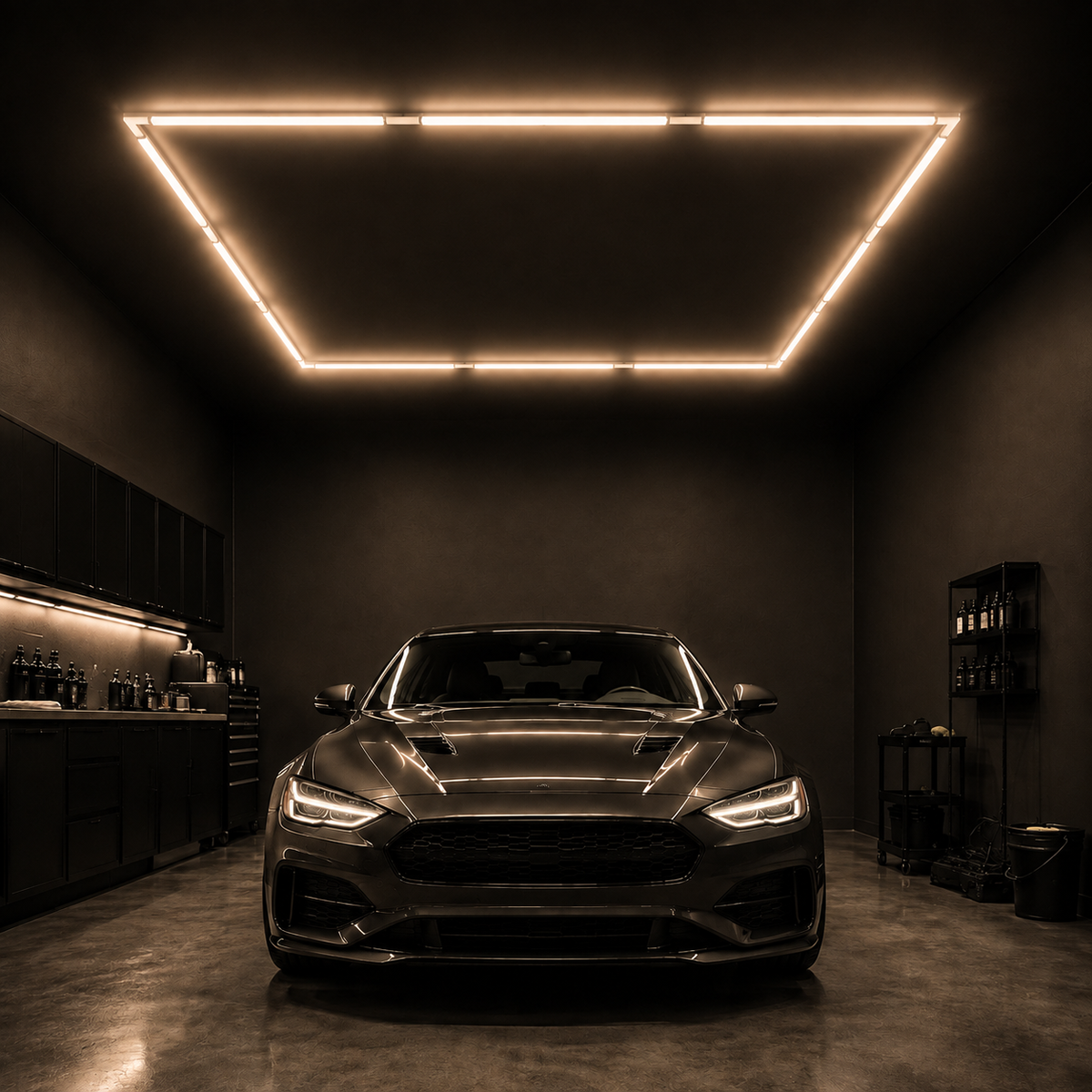 12-foot square LED light grid with translucent connectors above a detailing bay, 4000K soft white