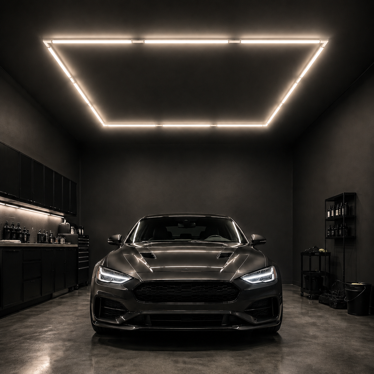 12-foot square LED light grid with translucent connectors above a detailing bay, 5000K natural white