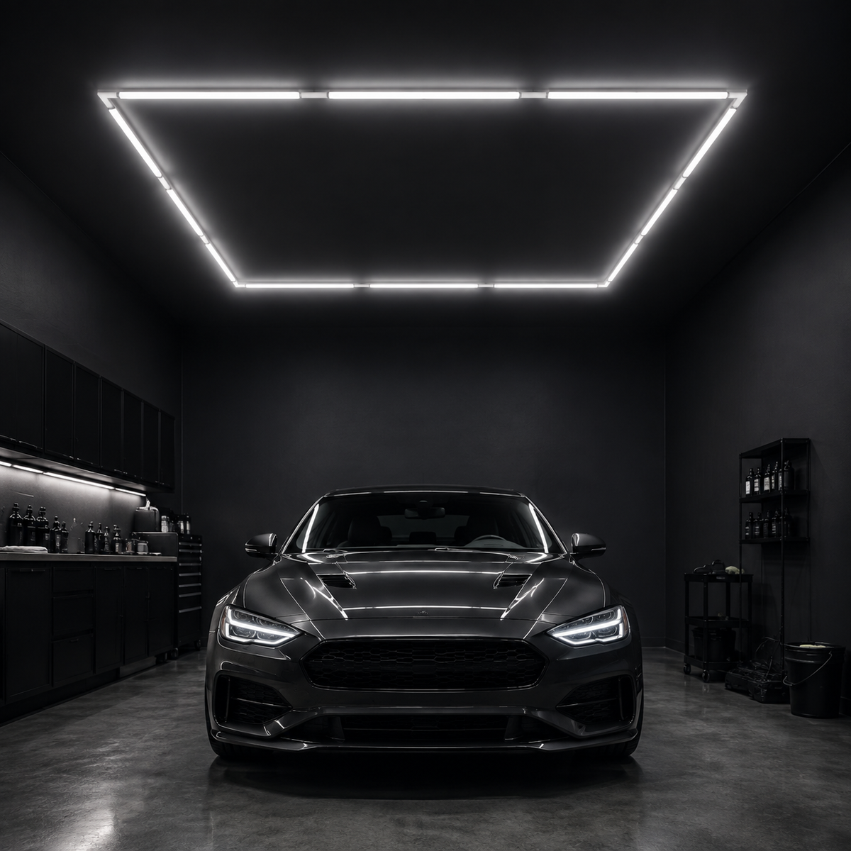 12-foot square LED light grid with translucent connectors installed above a detailing bay