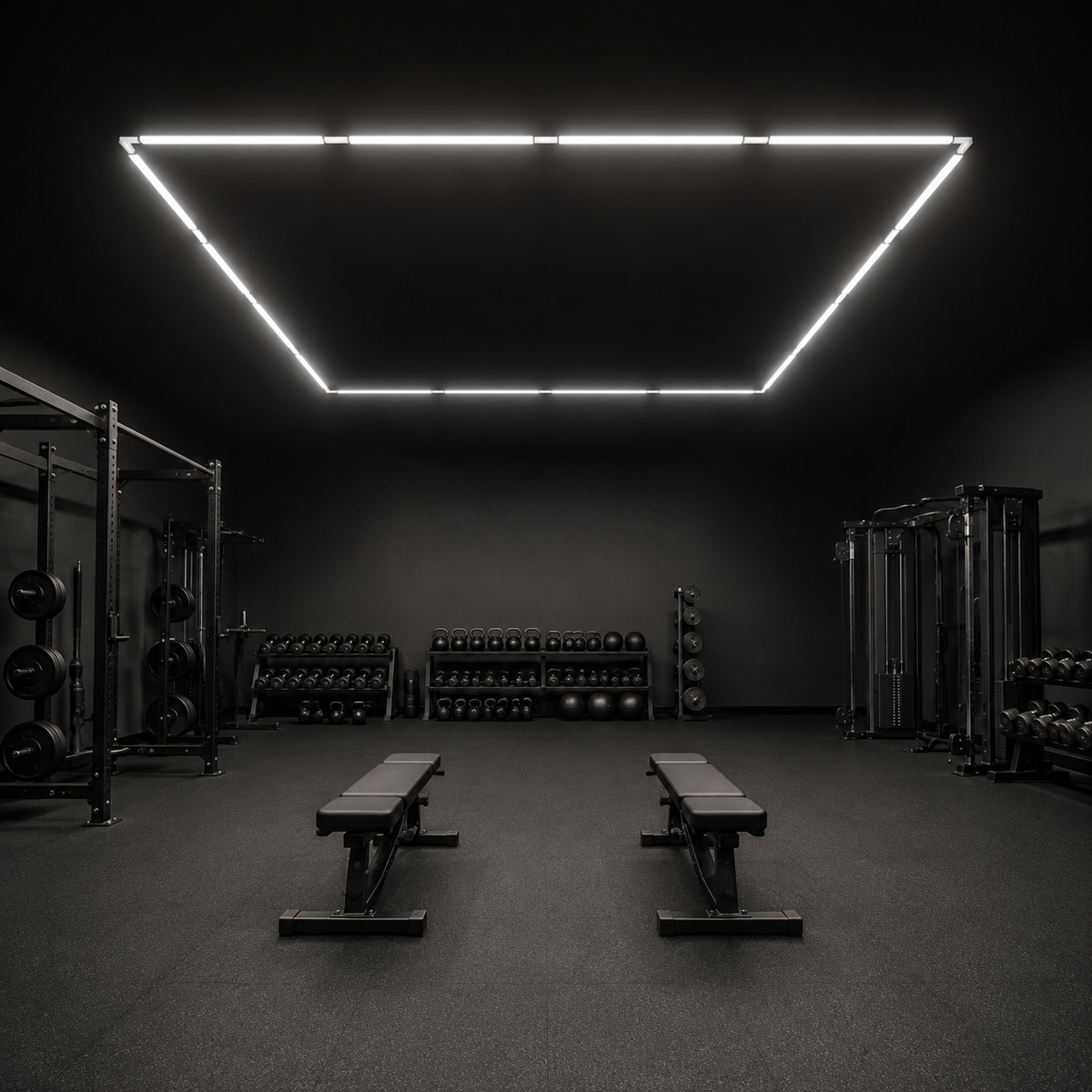 12-foot square LED light grid with translucent connectors installed in a fitness studio
