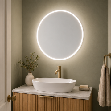 22 inch round LED vanity mirror installed in a compact bathroom