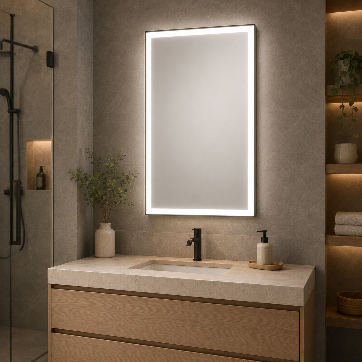 24 by 36 inch portrait LED vanity mirror installed in a modern bathroom