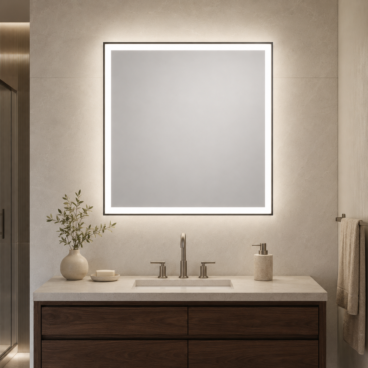 36 by 36 inch square LED vanity mirror installed in a modern bathroom