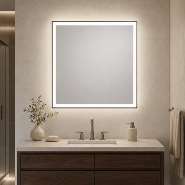 36 by 36 inch square LED vanity mirror installed in a modern bathroom