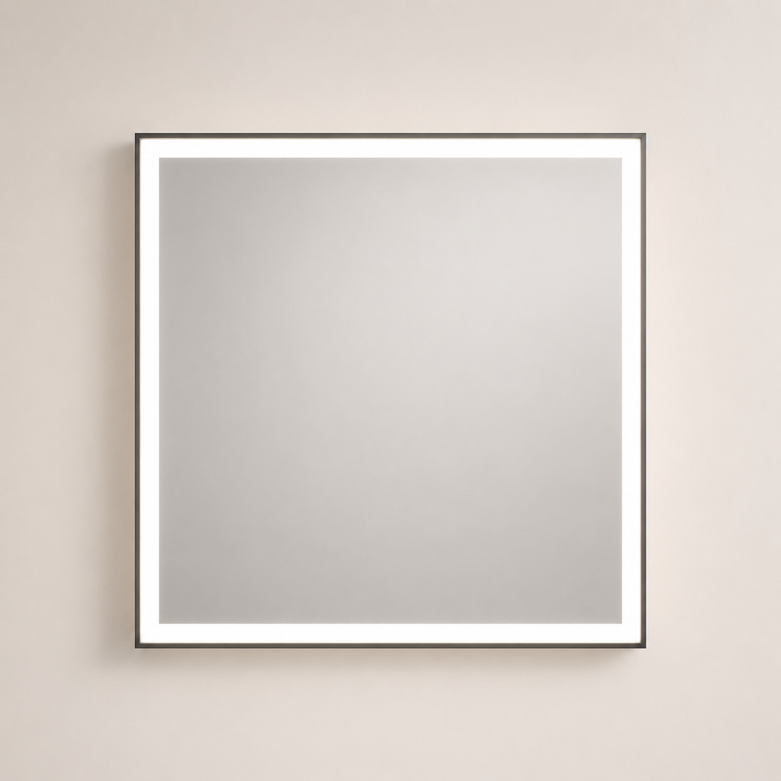36 by 36 inch square LED vanity mirror installed in a modern bathroom