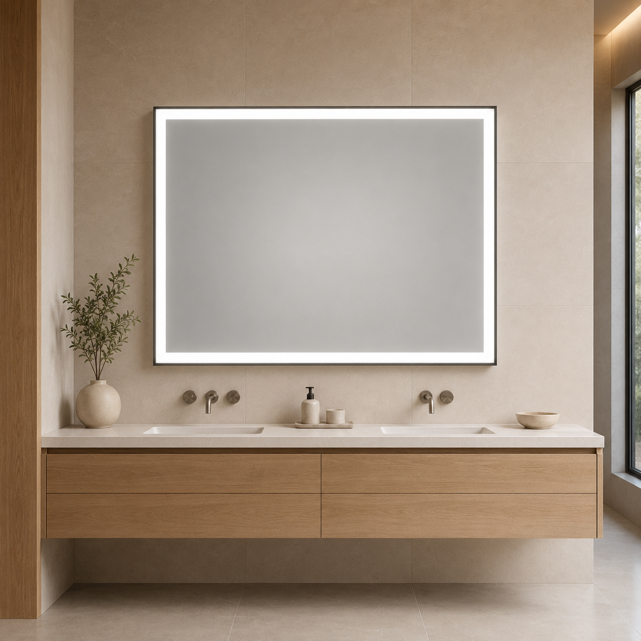 36 by 48 inch landscape LED vanity mirror installed above a double vanity