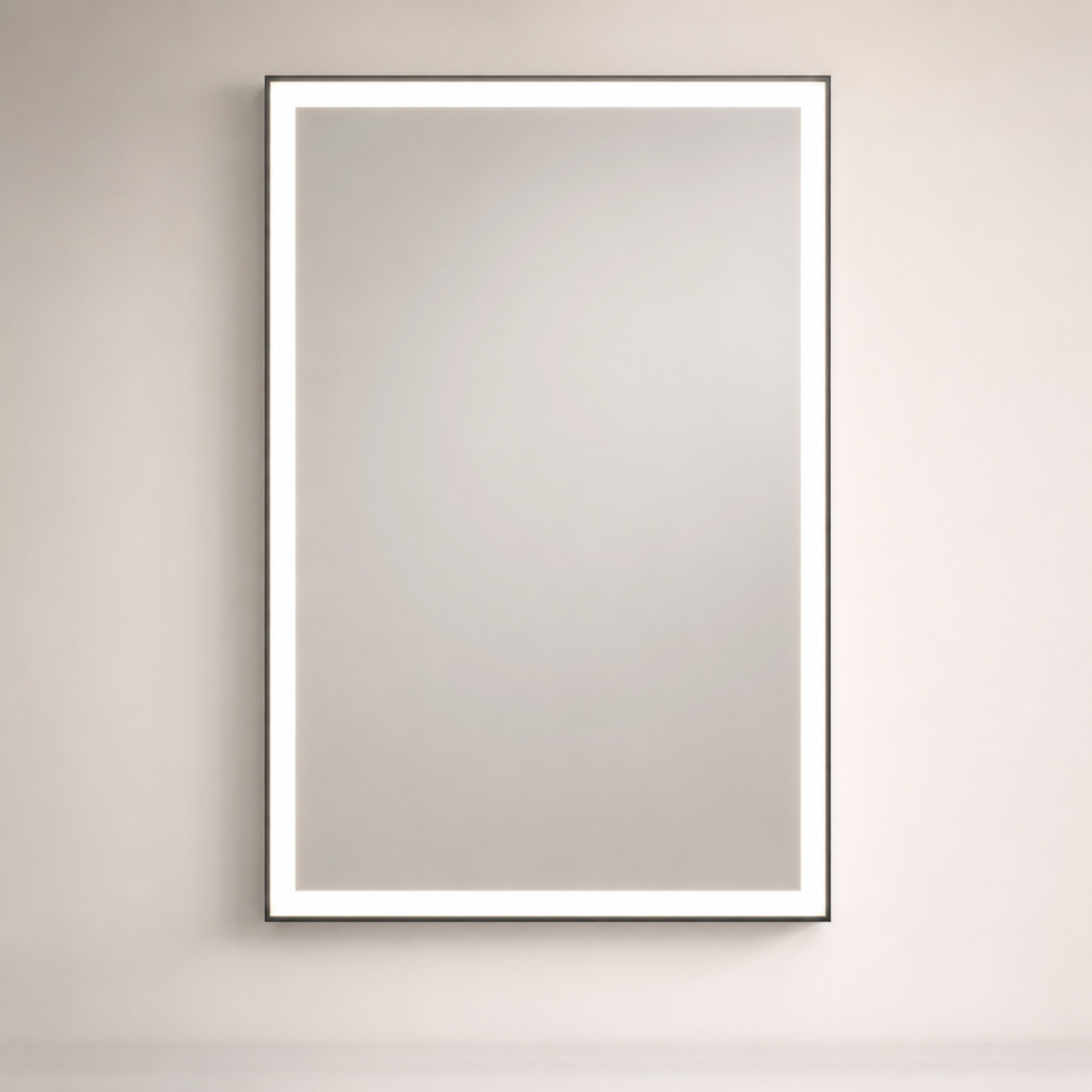 Rectangular LED vanity mirror with illuminated border on a clean neutral wall