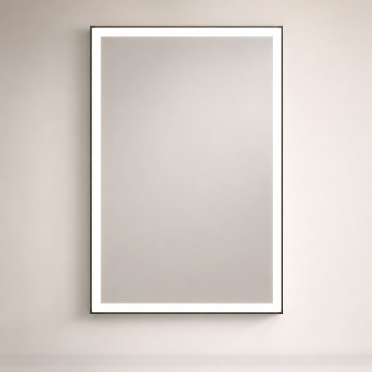 Rectangular LED vanity mirror with illuminated border on a clean neutral wall