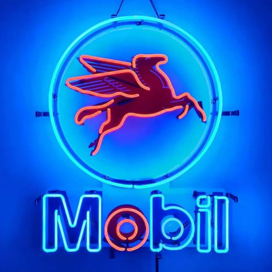 Neon Mobil sign with a winged logo on a blue background
