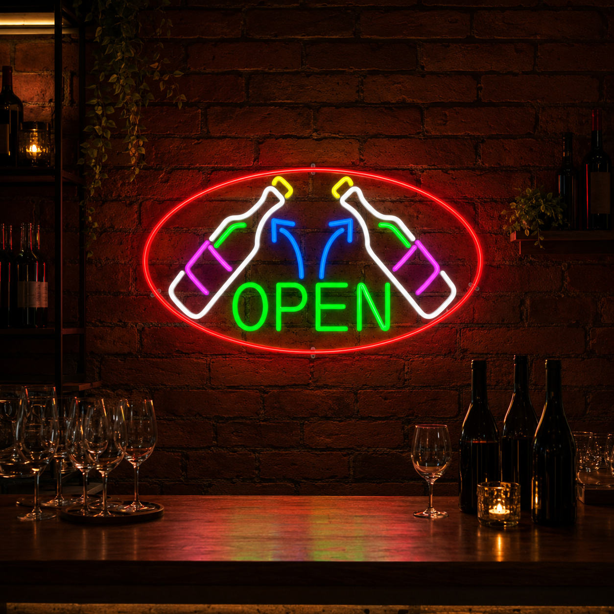 Open wine bar glass neon sign installed on a brick wall behind a wine bar