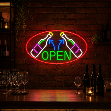 Open wine bar glass neon sign installed on a brick wall behind a wine bar