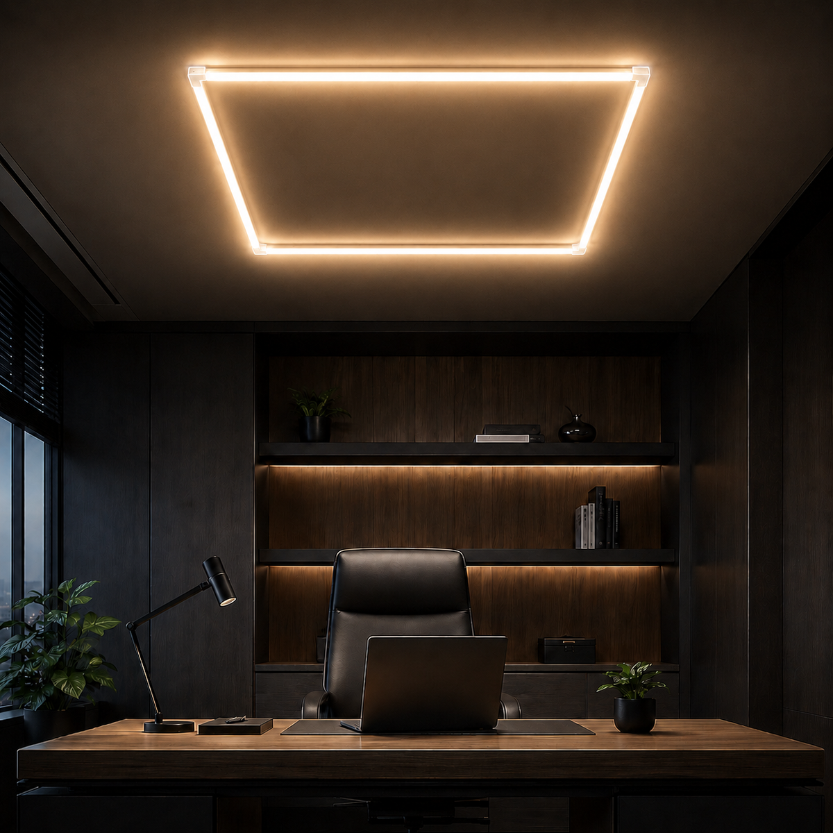 4-foot single square LED light grid with translucent connectors in a modern office, 3000K warm white