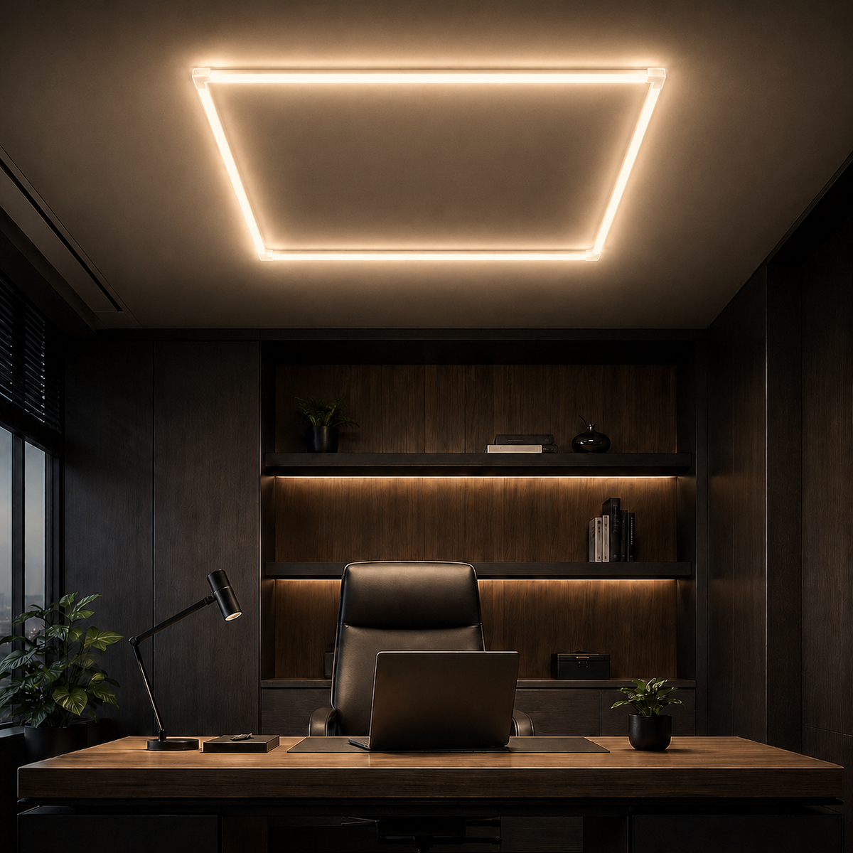 4-foot single square LED light grid with translucent connectors in a modern office, 4000K soft white