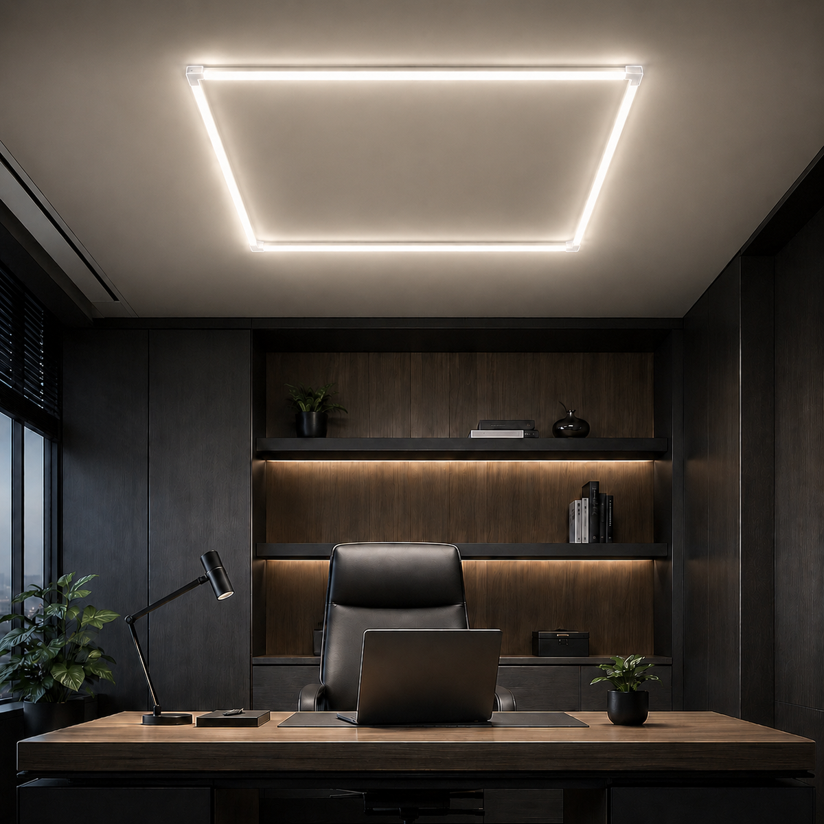 4-foot single square LED light grid with translucent connectors in a modern office, 5000K natural white