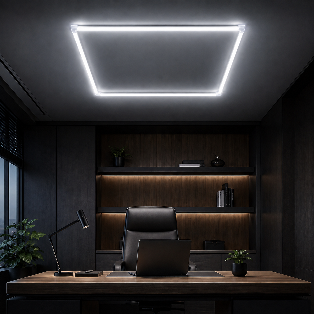4-foot single square LED light grid with translucent connectors in a modern office, 6500K cool white