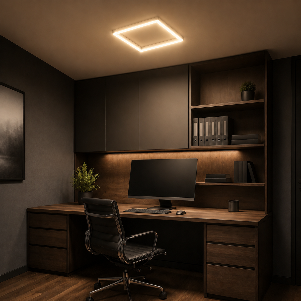 17-inch single square LED light installed in an office, 3000K warm white