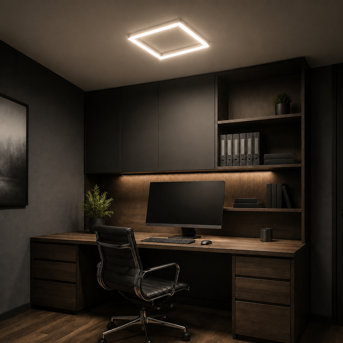 17-inch single square LED light installed in an office, 4000K soft white