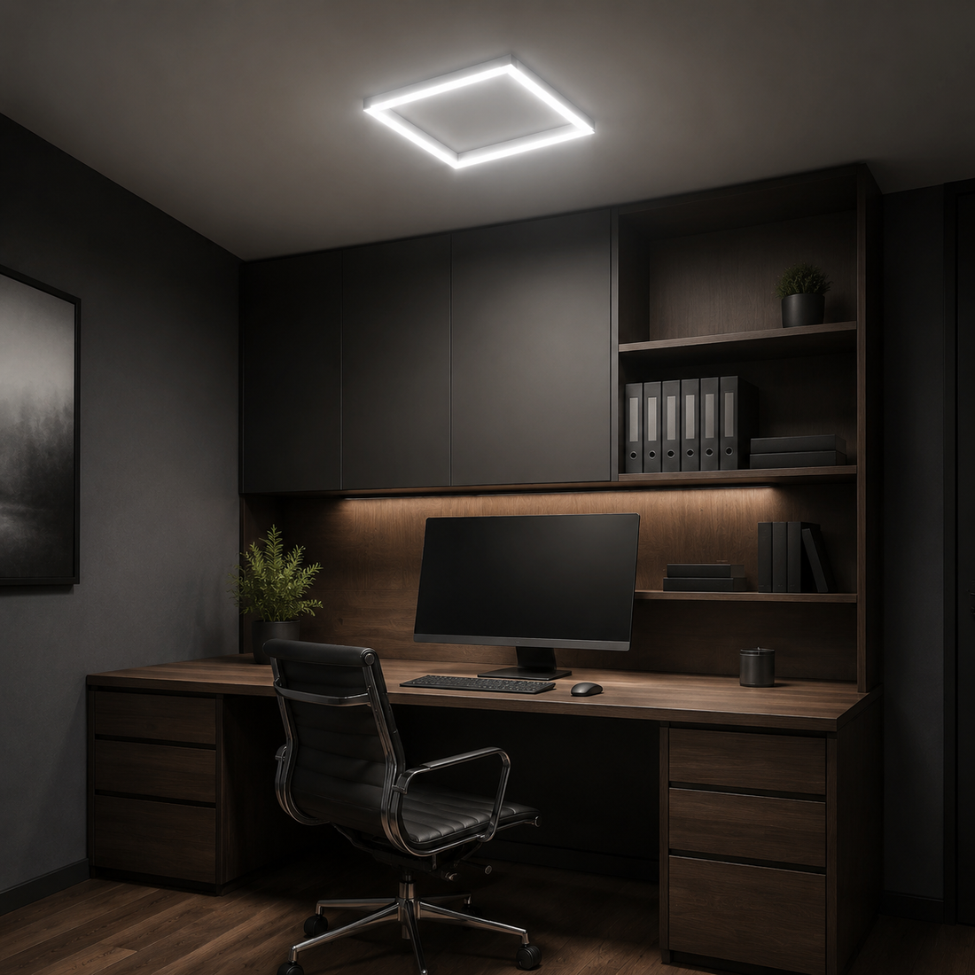 17-inch single square LED light installed in an office, 6500K cool white